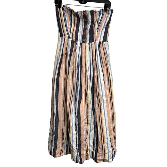 Free People Lilah Cotton Pastel Rainbow Striped Strapless Midi Dress Size M Boho - Picture 2 of 5